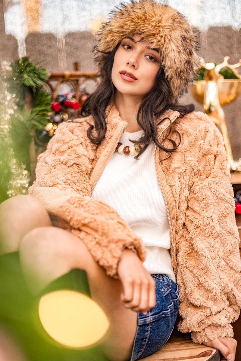 Apres Ski Cozy Teddy Zip Up Jacket- Camel