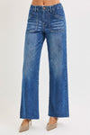 Risen Jeans Raw Hem Wide Leg Denim Pants - Dark Wash