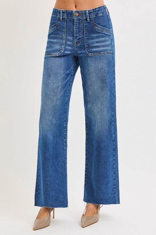 Risen Jeans Raw Hem Wide Leg Denim Pants - Dark Wash