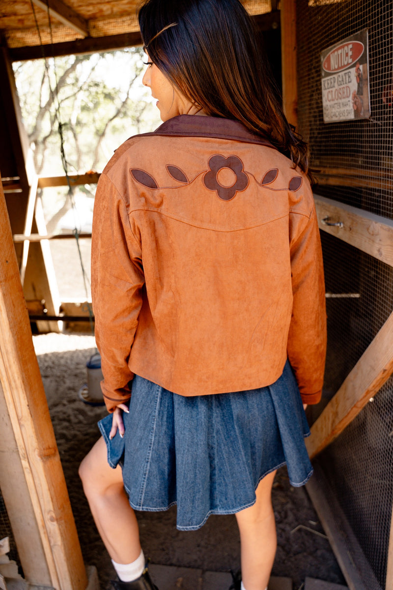 Almost Autumn Flower Detail Faux Suede Shacket - Brown