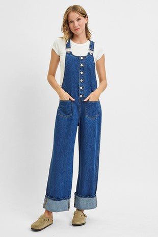 Risen Button Down Ankle Leg Wide Cuffed Overalls- Indigo