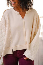 So Whimsy Thermal Knit Top W/ Quilted Sleeve- Ivory