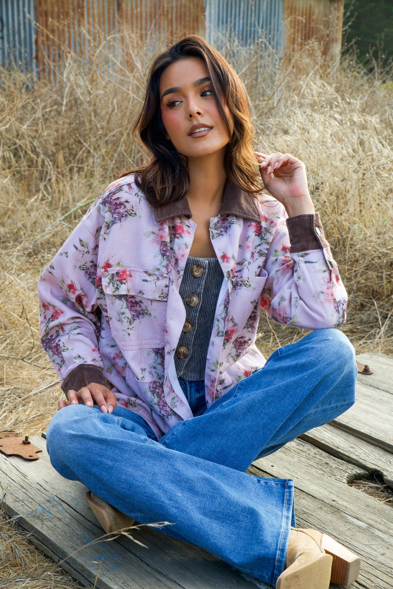 Wild Seed Specialty Floral Jacket W/ Velvety Cuffs + Collar- Chocolate Rose