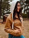 Risen Utility Style Denim Jacket W/ Detachable Knit Contrast Hood- Camel/Ivory