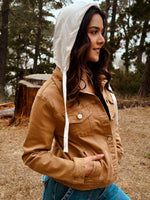 Risen Utility Style Denim Jacket W/ Detachable Knit Contrast Hood- Camel/Ivory
