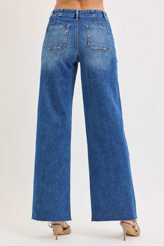 Risen Jeans Raw Hem Wide Leg Denim Pants - Dark Wash