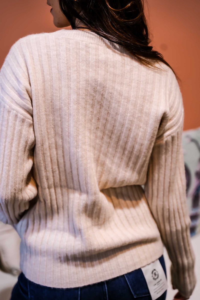 Snug Hug Crew Neck Ribbed Knit Sweater - Oatmeal