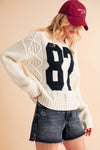 Varsity Cable Knit Pullover Sweater- Ivory/Black