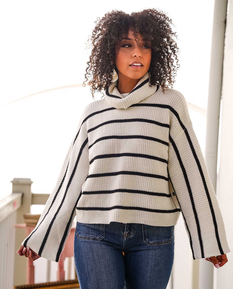 Snowbound Turtleneck Cropped Boxy Striped Sweater- Ivory/Black