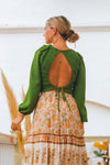 Autumnal Dream Smocked Long Sleeve Backless Top - Green
