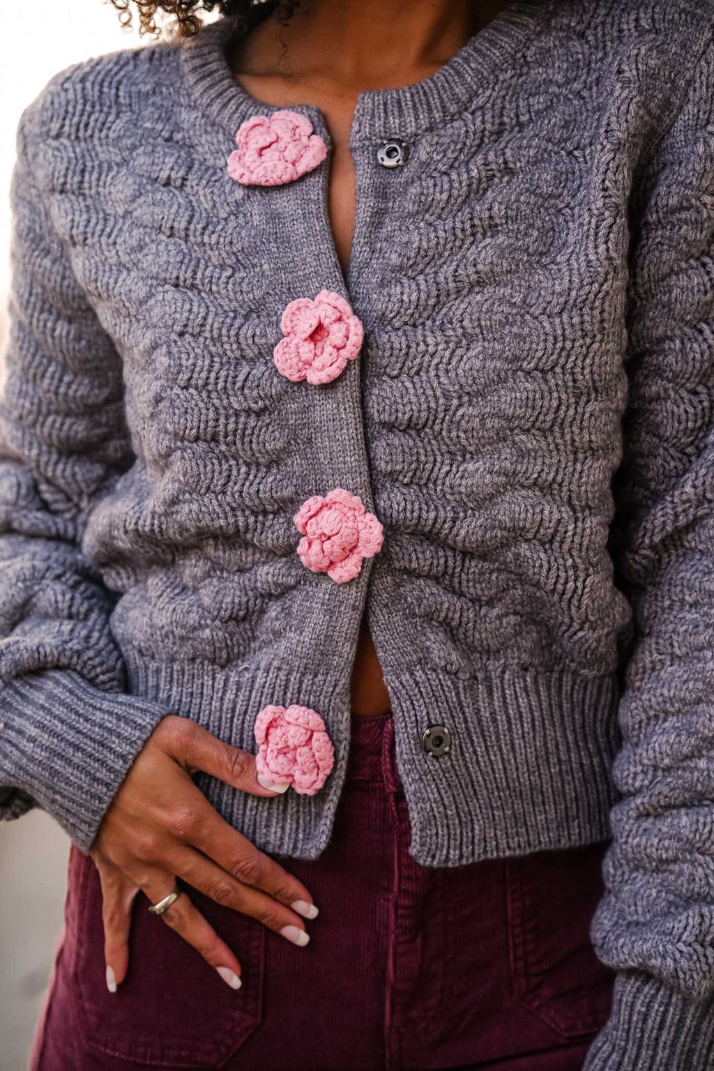 Fleur De Nuit Floral Appliqué Button Knit Cardigan- Charcoal