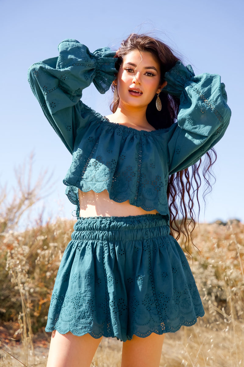 Sequoia Sky Embroidered Eyelet Long Sleeve Top/Shorts Set - Teal