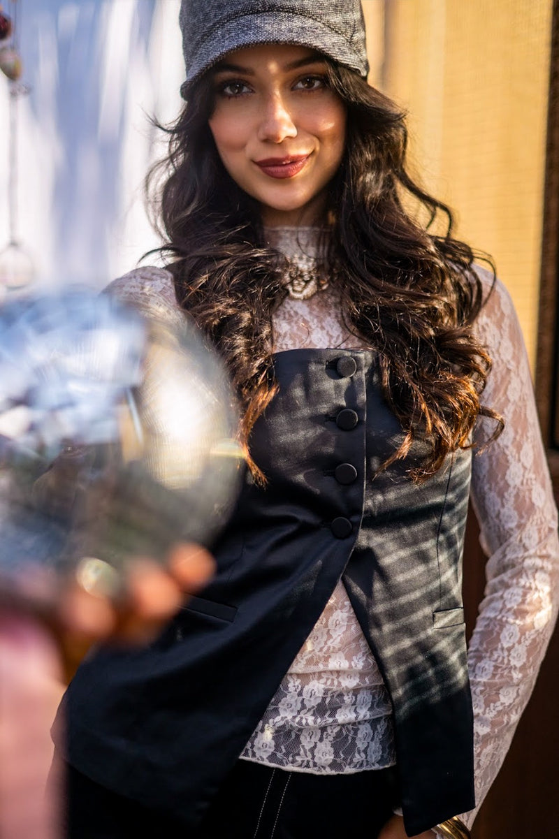 Baddest Of Them All Button Front Satin Tuxedo Vest- Black