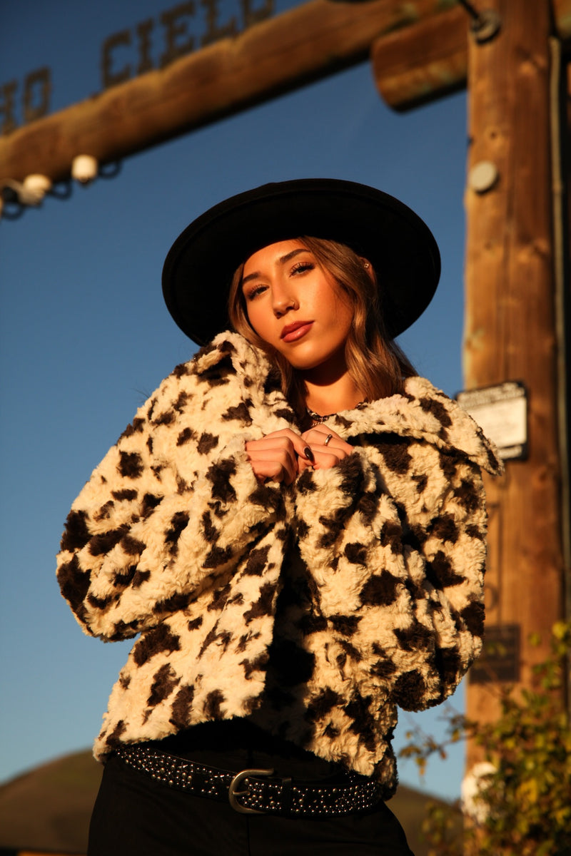 Western Charm Cow Print Faux Fur Coat - Black/White
