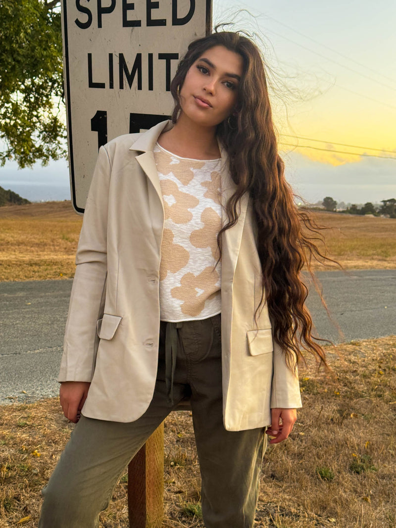 Sultry Stares Faux-Leather Oversized Blazer - Oatmeal