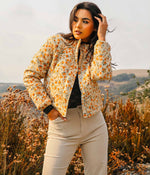 Merry Marigolds Floral Corduroy Puffer Jacket - Cream/Orange