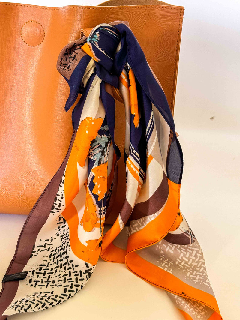 Poppy Pattern Scarf - Navy/Tangerine