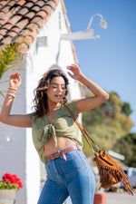 Warm Wind West Embroidery Detail Cap Sleeve Front Tie Blouse- Sage