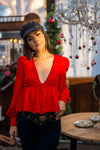 Cherry On Top Deep Neck Peplum Blouse- Candy Apple