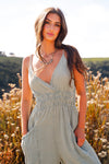Coastal Cruising Spaghetti Strap V-Neck Muslin Jumpsuit- Sage