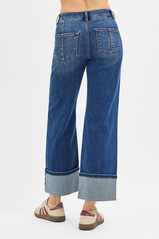 Risen High Rise Crop Wide Straight Cuffed Jeans- Dark