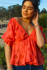 Time In the Sun Lantern Sleeve Eyelet Babydoll Top - Coral