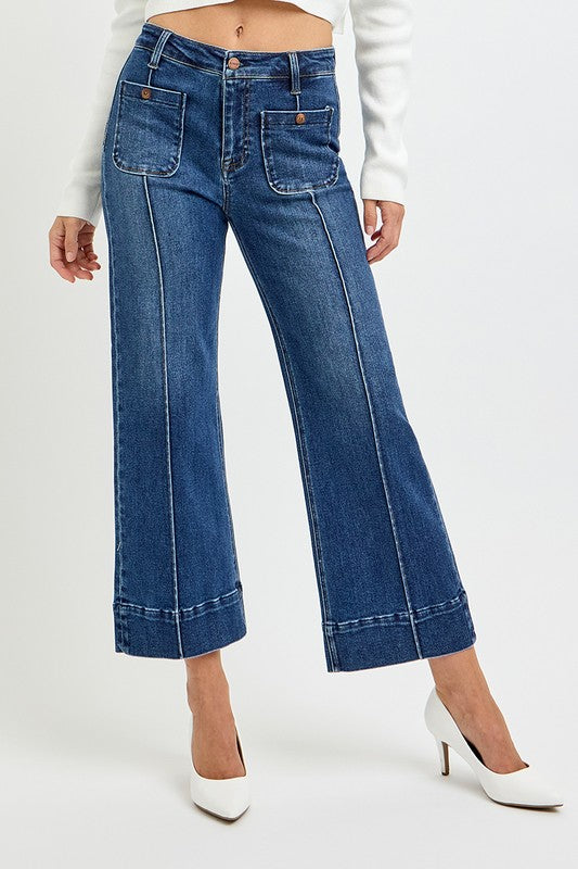 Risen Jeans High Waisted Wide Leg Denim Pants - Dark Wash
