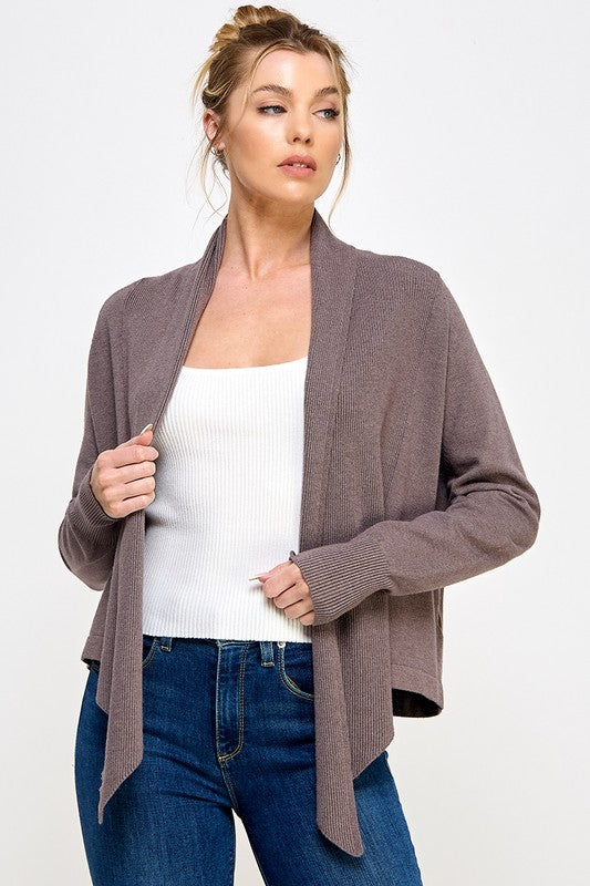Prim and Proper Fine Gauge Wrap Sweater- Coco Ash
