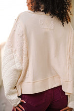 So Whimsy Thermal Knit Top W/ Quilted Sleeve- Ivory