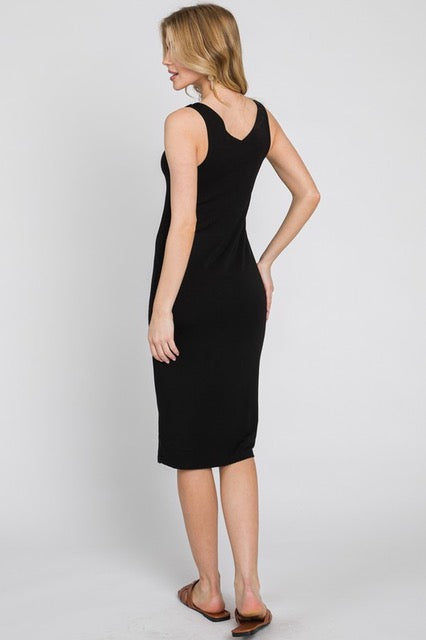 Eva Fitted V-Neck Midi Dress- Black