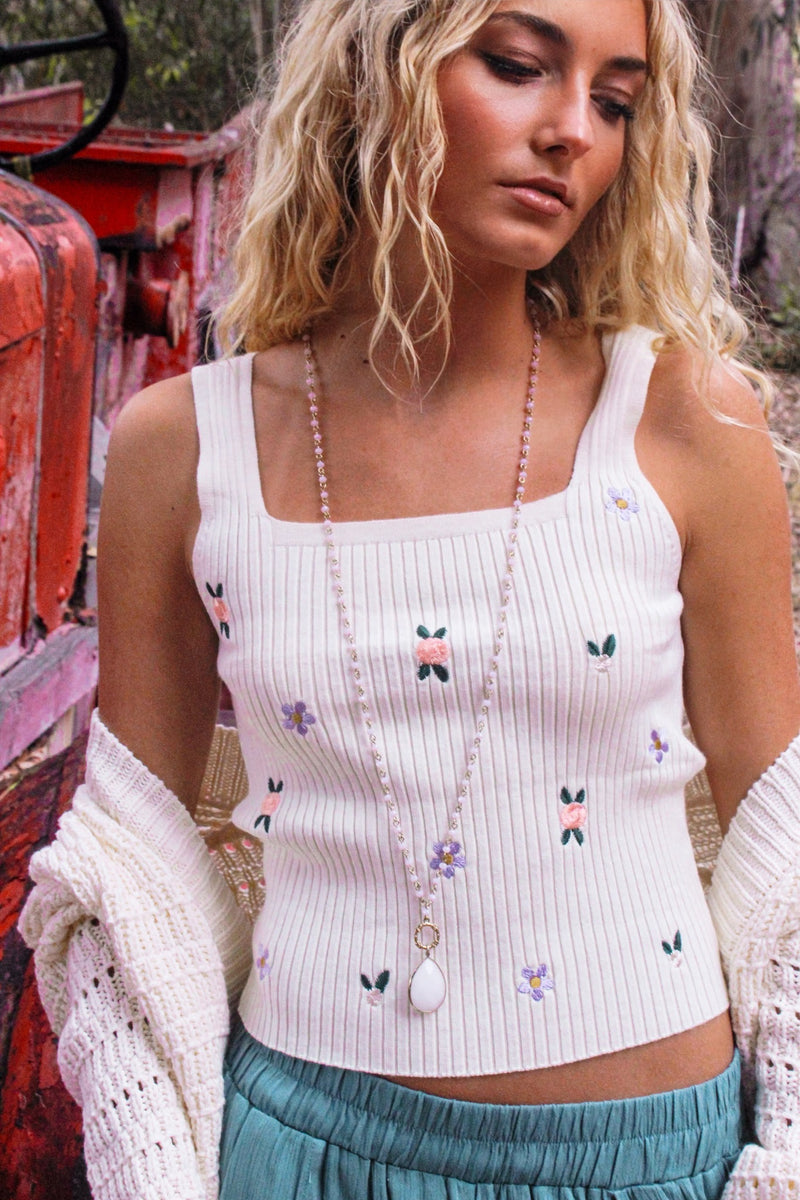 Flora Mae Tank Top W/ Floral Embroidery- Ivory