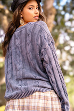 Indigo Bloom Crew Neck Cable Knit Sweater- Mute Navy