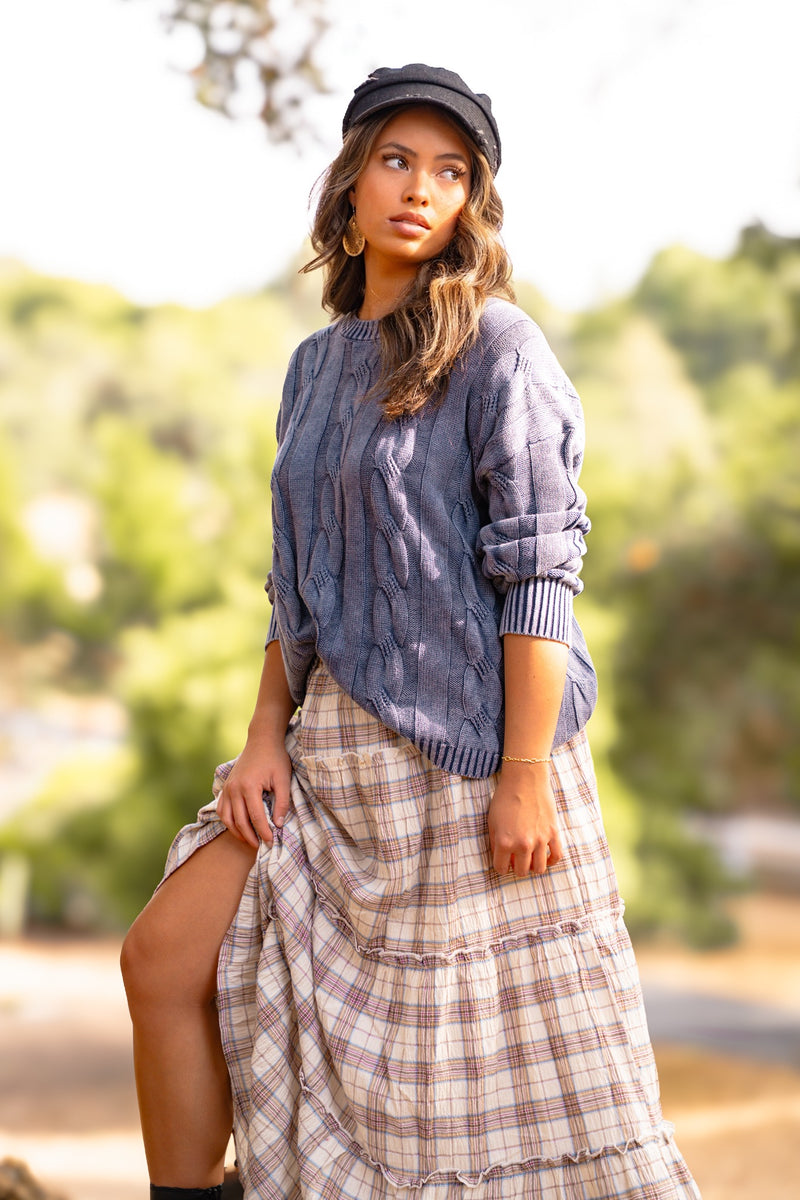 Dappled Daydream Plaid Tiered Maxi Skirt - Tan
