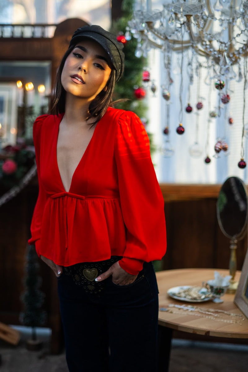 Cherry On Top Deep Neck Peplum Blouse- Candy Apple