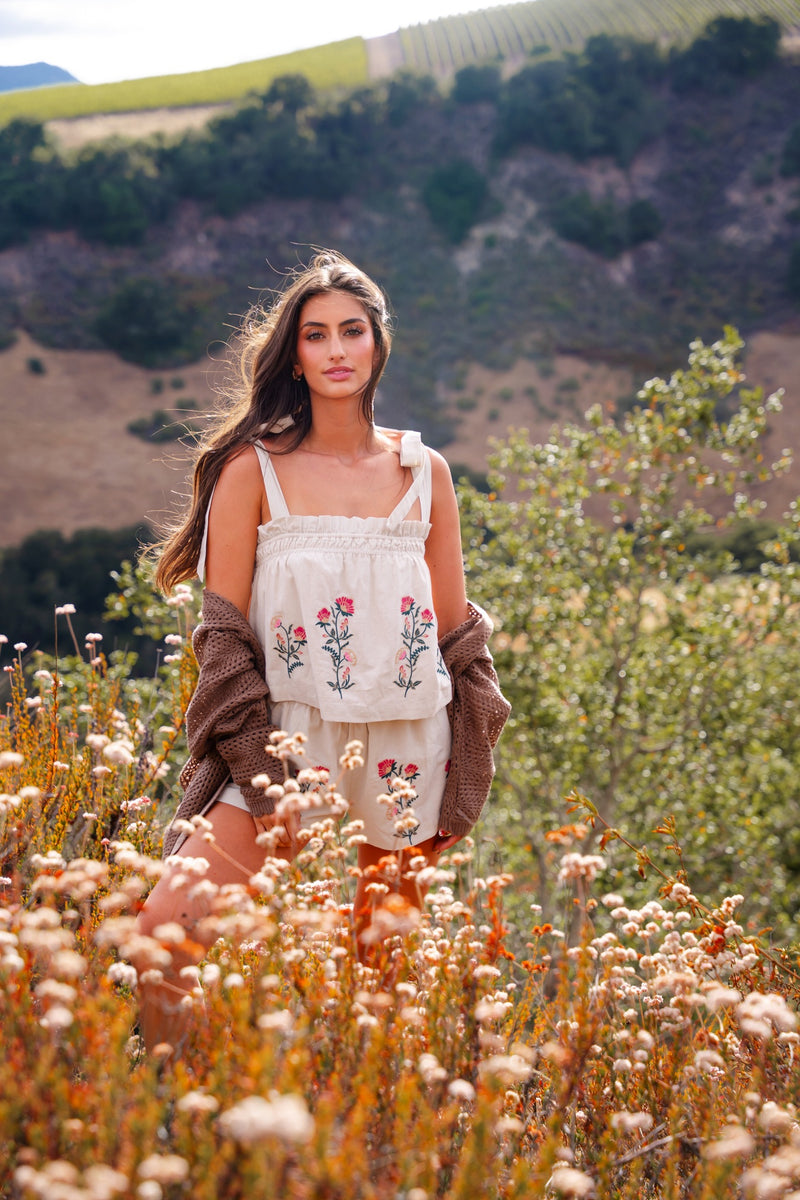 Paradise Peak Tie Shoulder Embroidered Top/Shorts Set - Oatmeal