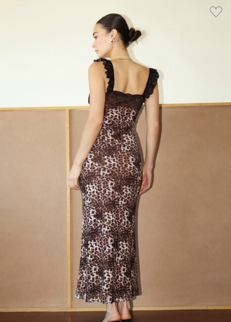Bailey Rose Lace Detail Animal Print Slip Dress - Black/Brown