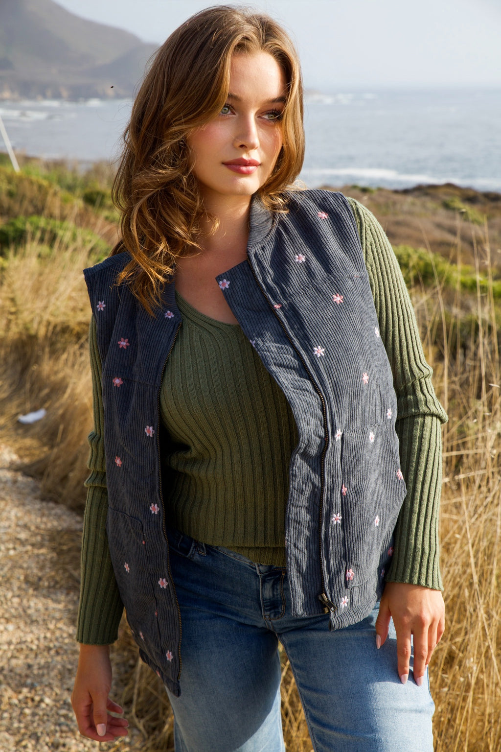 Delicate Daisies Corduroy Vest/Embroiderd Floral- Teal