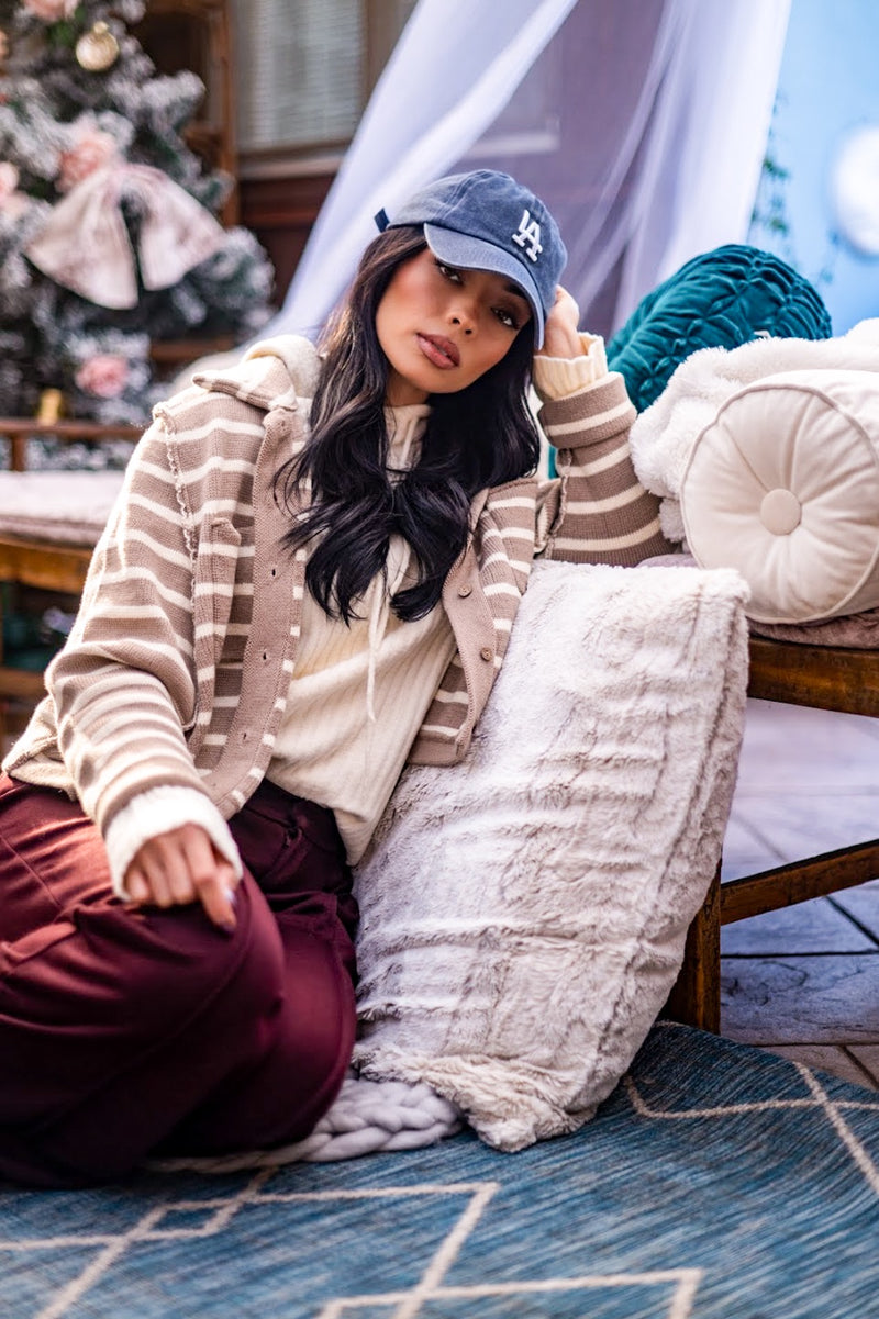 Latte Date Stripe Button Up Knit Cardigan - Beige/Cream