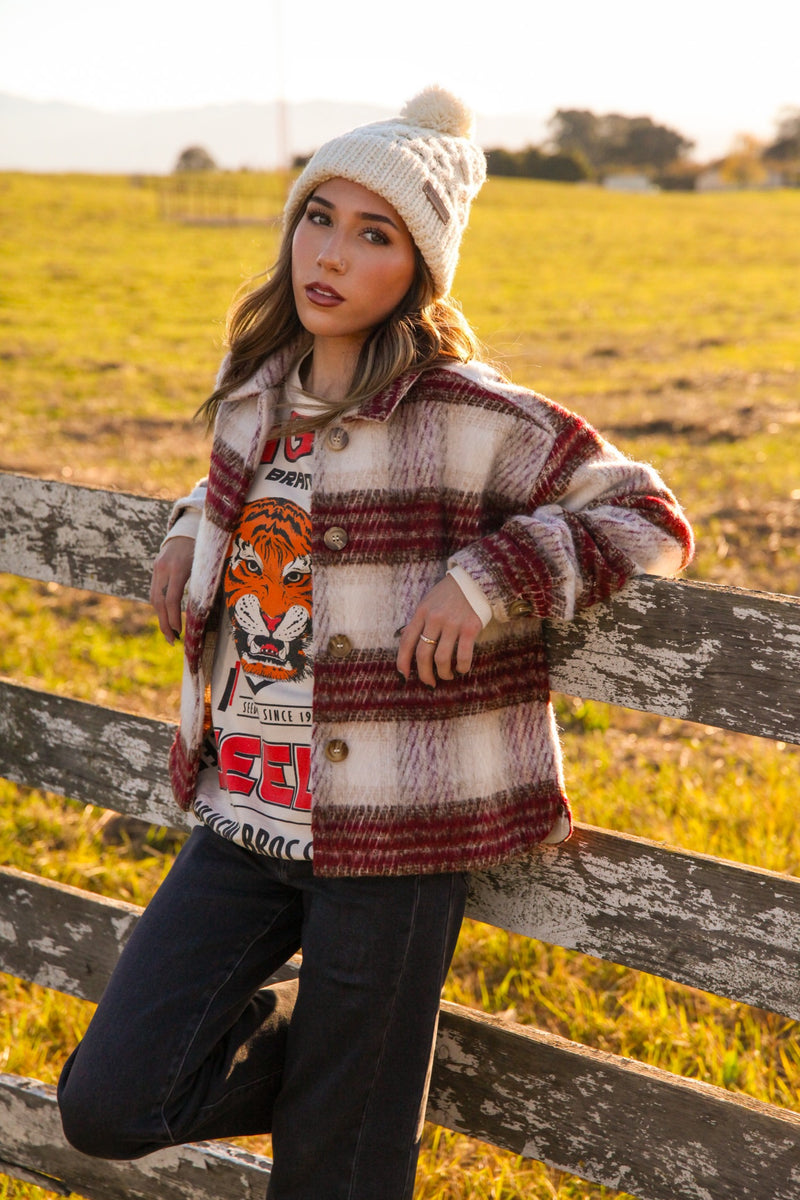 Winter Wish Short Winter Plaid Jacket - Wine/Multi