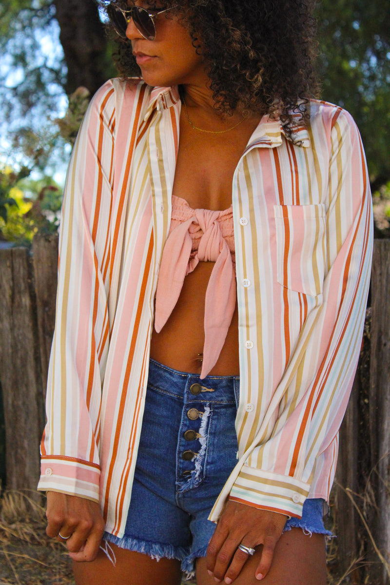 Summer Soiree Stripe Long Sleeve Button Up - Rust/Multi