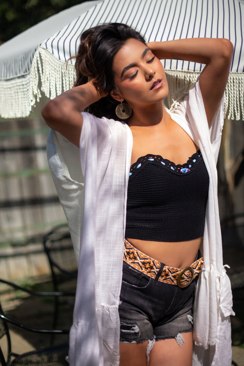 Lupine Dreams Strapless Ribbon Detail Knit Crop Top - Black