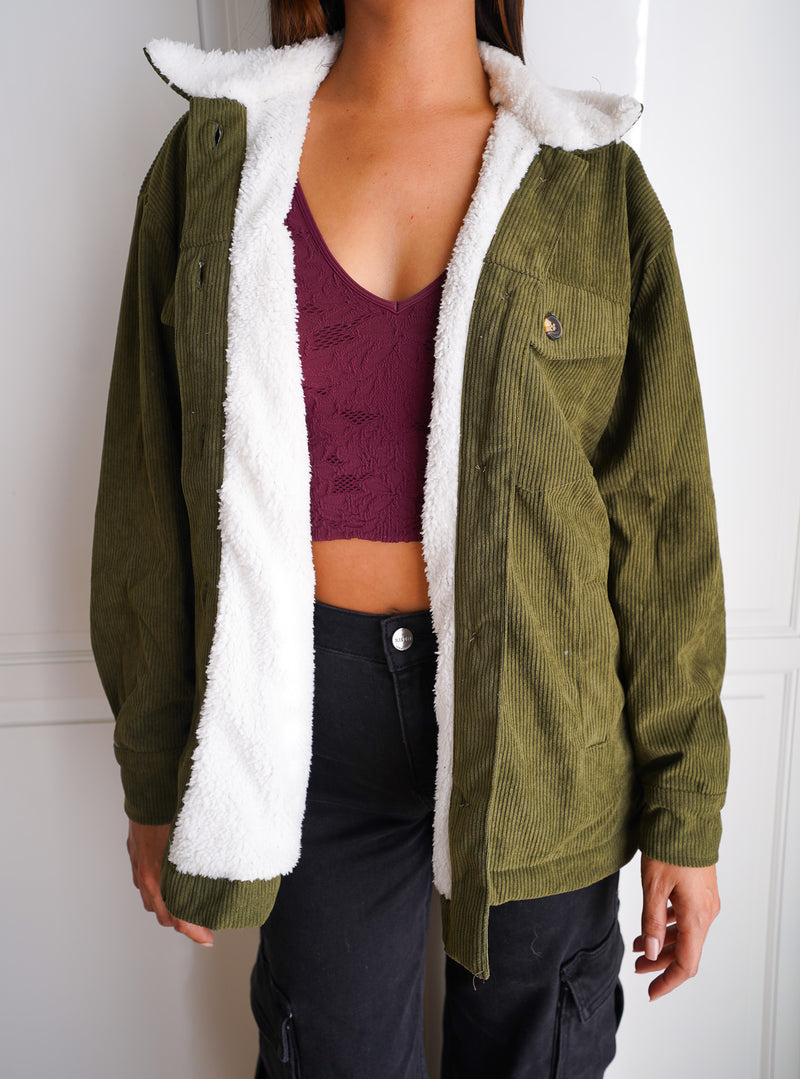 Cozy Cocoa Fleece Lined Corduroy Shacket - Olive