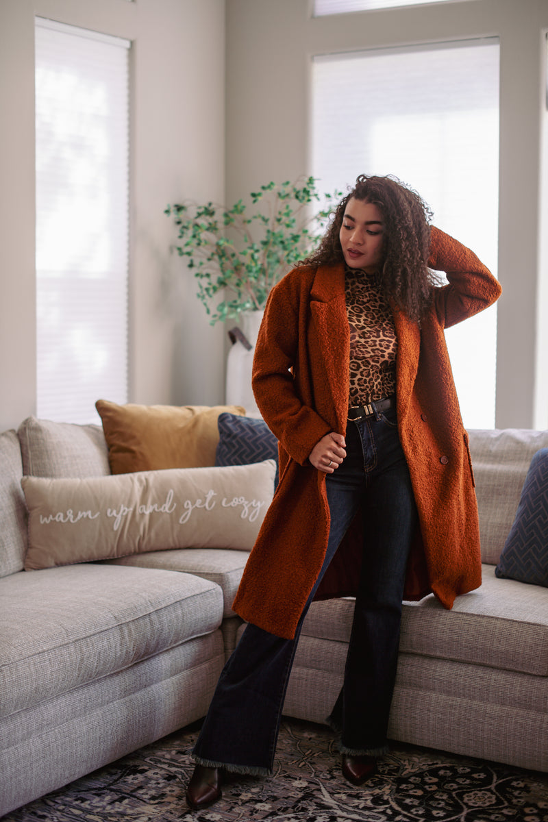 Tawny Teddy Double Breasted Long Coat - Rust