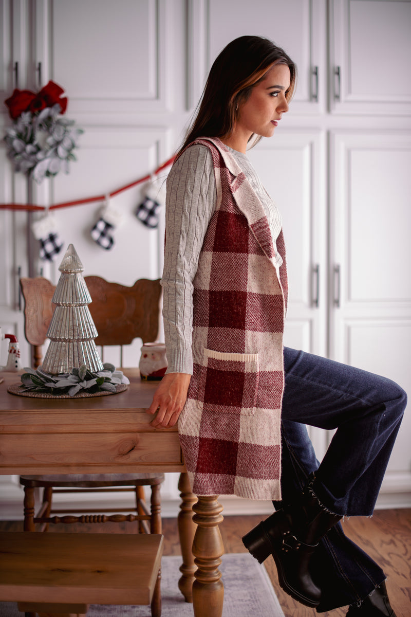 Plaid Tidings Plaid Sleeveless Cardigan - Wine/Ivory