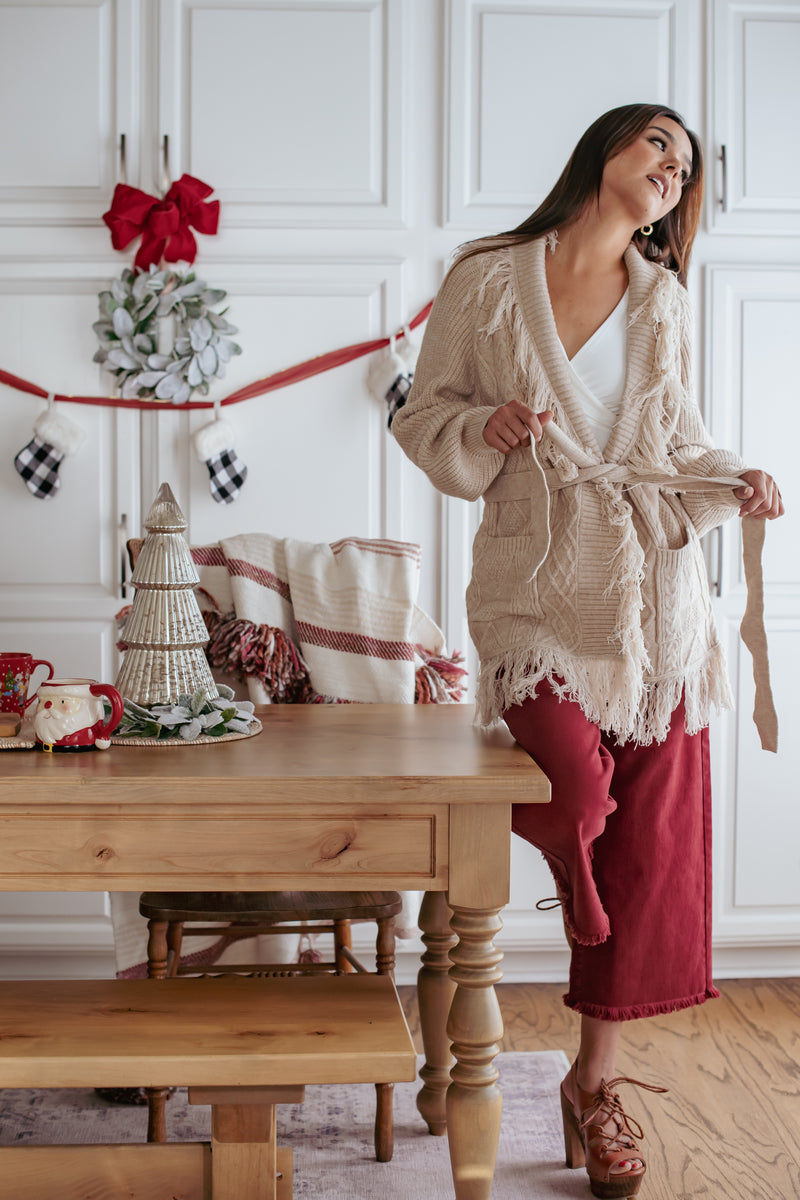 Hearth Hug Textured Fringe Detail Cardigan - Oatmeal