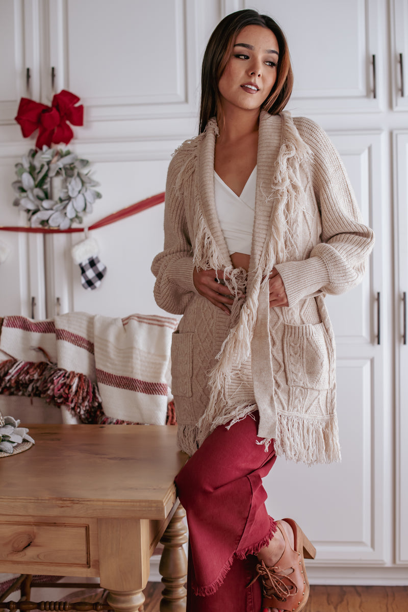 Hearth Hug Textured Fringe Detail Cardigan - Oatmeal