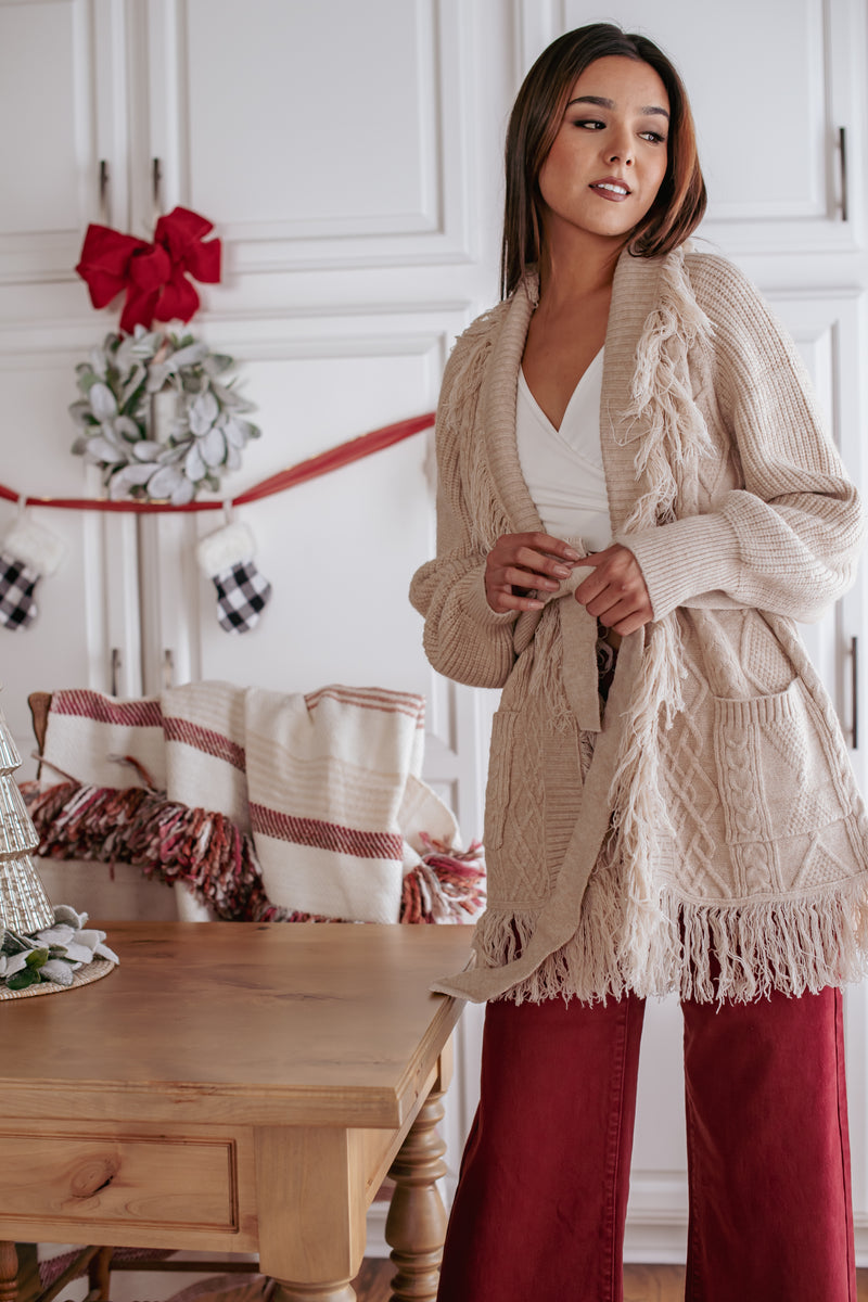 Hearth Hug Textured Fringe Detail Cardigan - Oatmeal