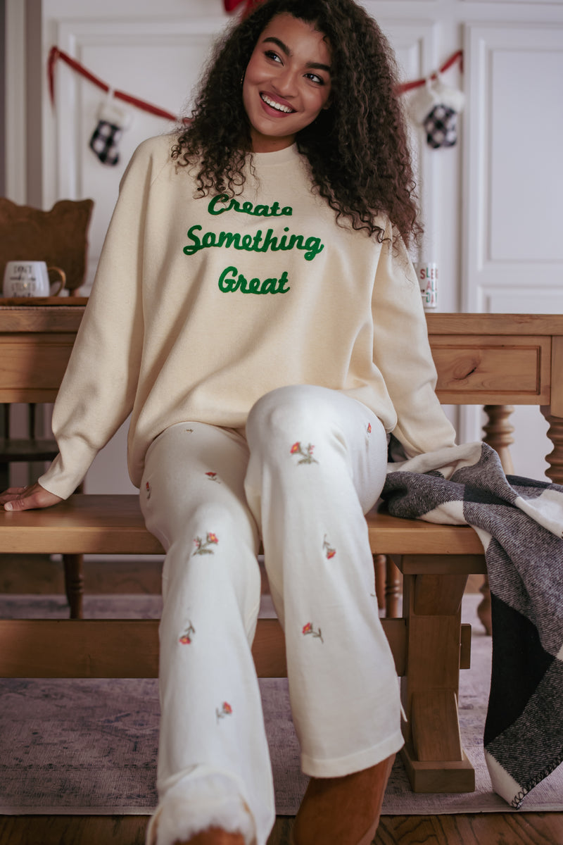 Create Something Great Knit Pullover Sweater- Cream/Green