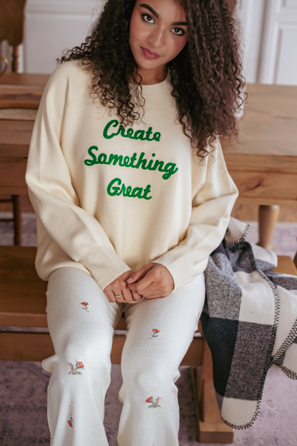 Create Something Great Knit Pullover Sweater- Cream/Green