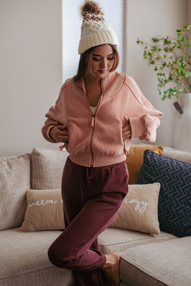 Winter Rose Zip Up Sweatshirt - Blush